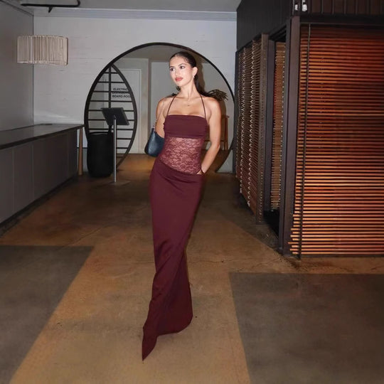 Damen Maxikleid mit transparentem Oberteil und eleganten Details EB