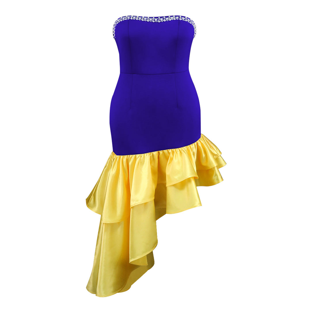Damen Kleid mit schulterfreiem Design und voluminösem Rüschensaum EB