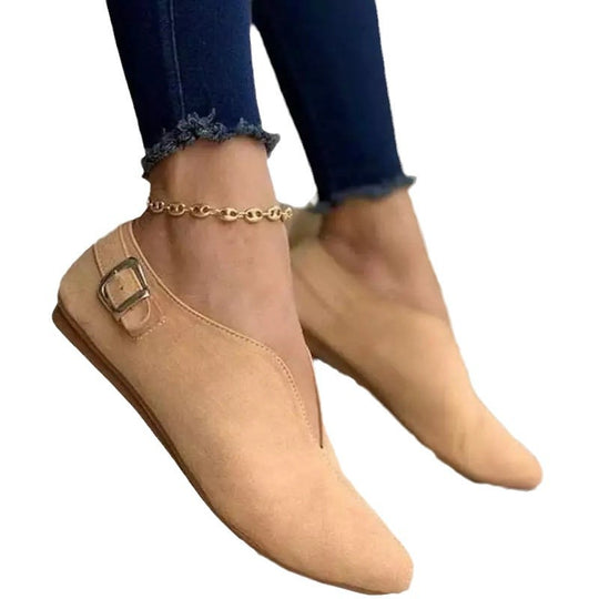 Damen nan spitz zulaufende Slipper mit V-Ausschnitt und seitlicher Metallschnalle Velourslederoptik EB