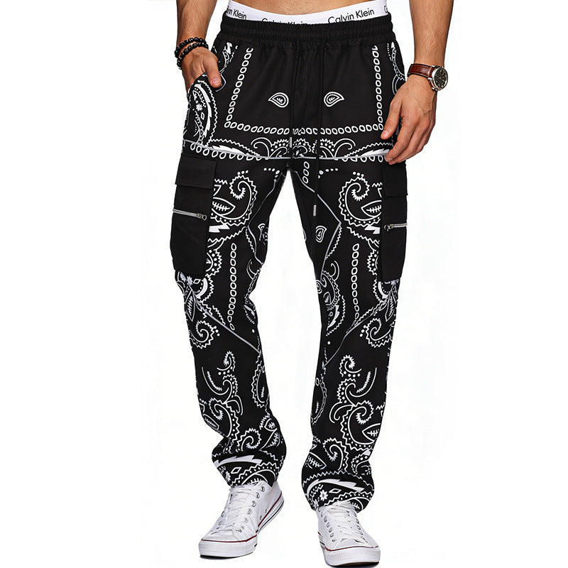 Herren Cargo-Hose mit Bandana-Print, elastischem Bund und Zipper-Taschen EB