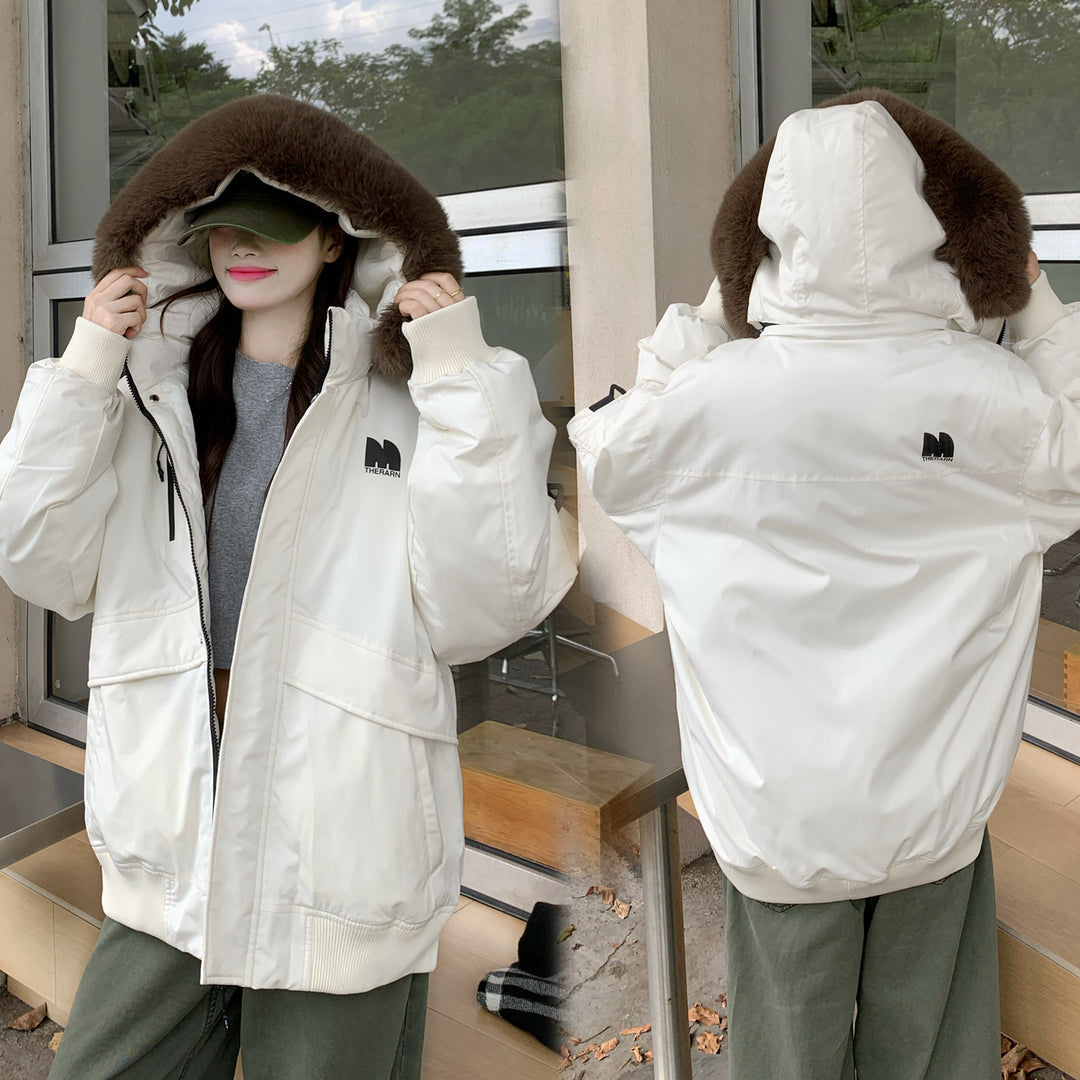 Damen Oversized Winterjacke mit abnehmbarem Kunstfellkragen und großen Taschen EB