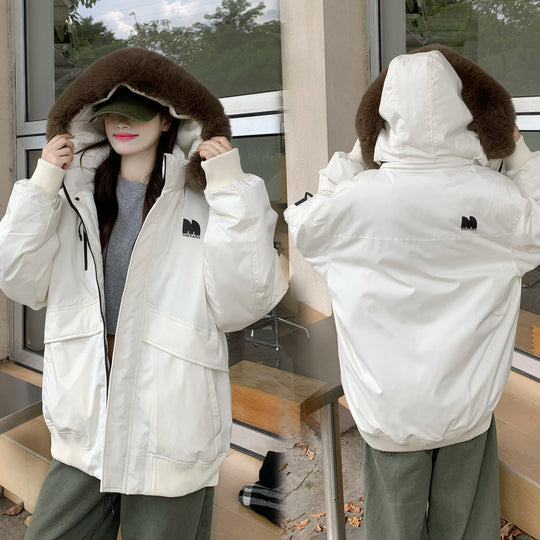 Damen Oversized Winterjacke mit abnehmbarem Kunstfellkragen und großen Taschen EB