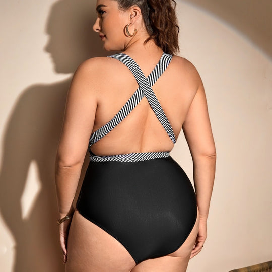 Damen Einteiler Badeanzug mit Wickeldetail und trendigem Streifenmuster EB