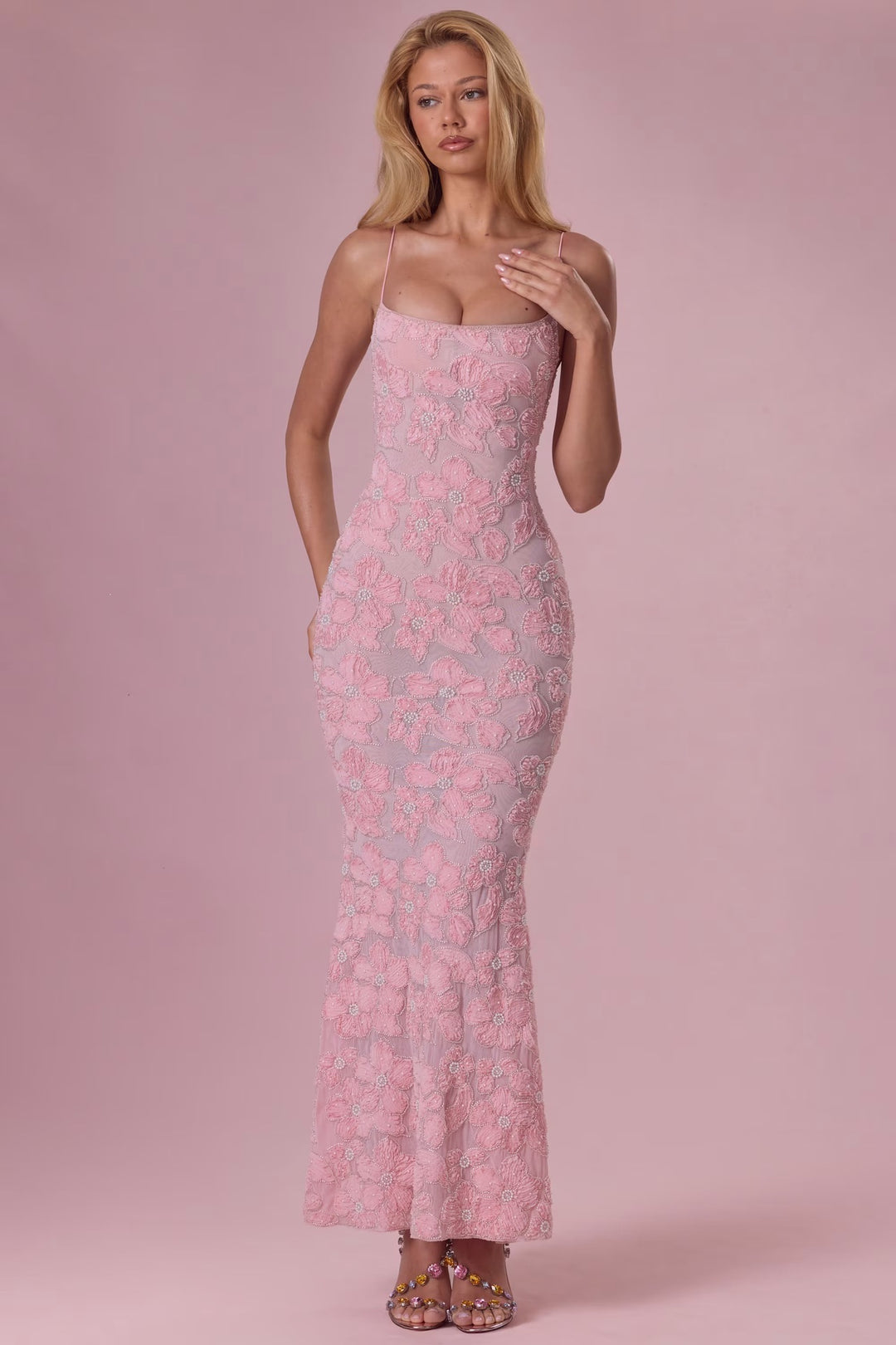 Damen Elegantes Maxikleid mit floralem Spitzenmuster EB
