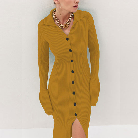 Damen Strickkleid mit modischem Knopfverschluss und elegantem Schlitz EB