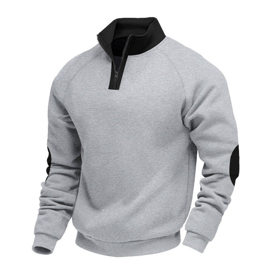 Herren modischer Sweatpullover mit halbem Reißverschluss und kontrastierenden Ellenbogenpatches EB