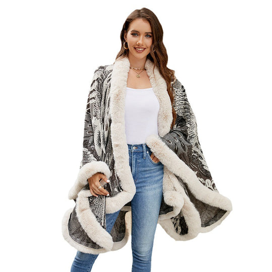 Damen luxuriöser Poncho mit dekorativem Fleece-Wärmeschutz EB