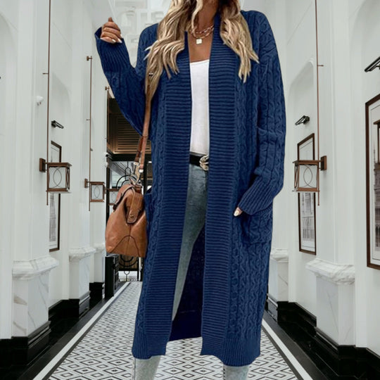 Damen Strickmantel mit modischen Zopfmuster und tiefen Taschen EB