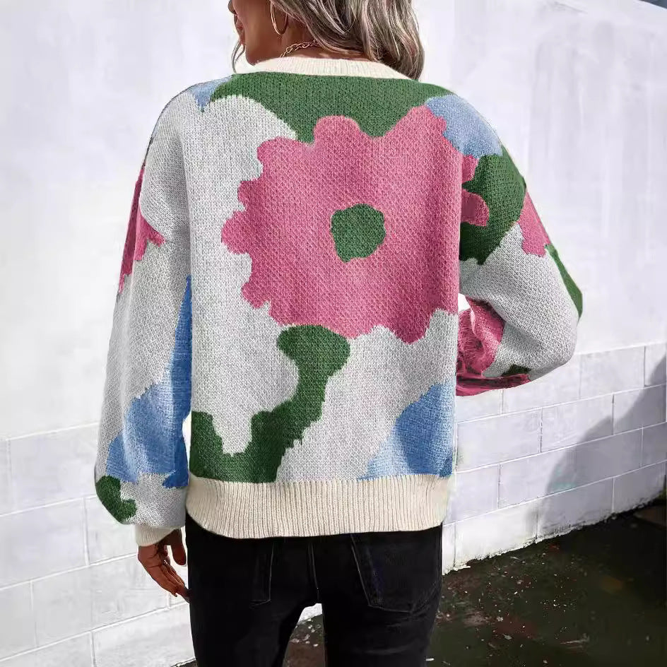 Damen modischer Pullover mit floralem Muster und weiten Ärmeln EB