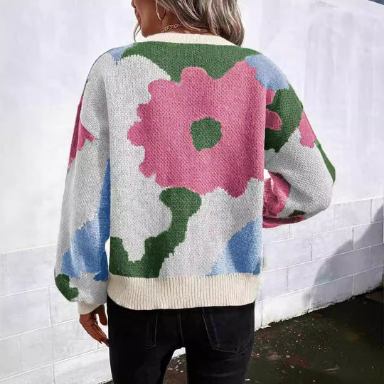 Damen modischer Pullover mit floralem Muster und weiten Ärmeln EB