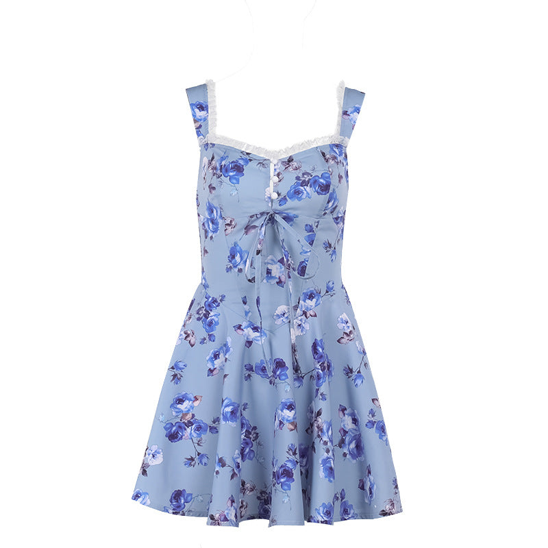 Damen Verspieltes Blumenkleid mit tiefem V-Ausschnitt und Spitzenakzenten EB
