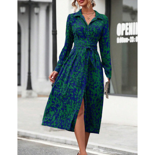Damen Langarm-Hemdblusenkleid mit modischem Muster und praktischen Taschen EB
