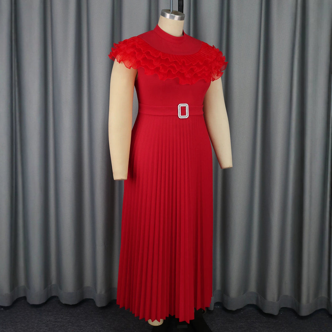 Damen plissiertes Abendkleid mit Volant-Ausschnitt und Taillengürtel EB