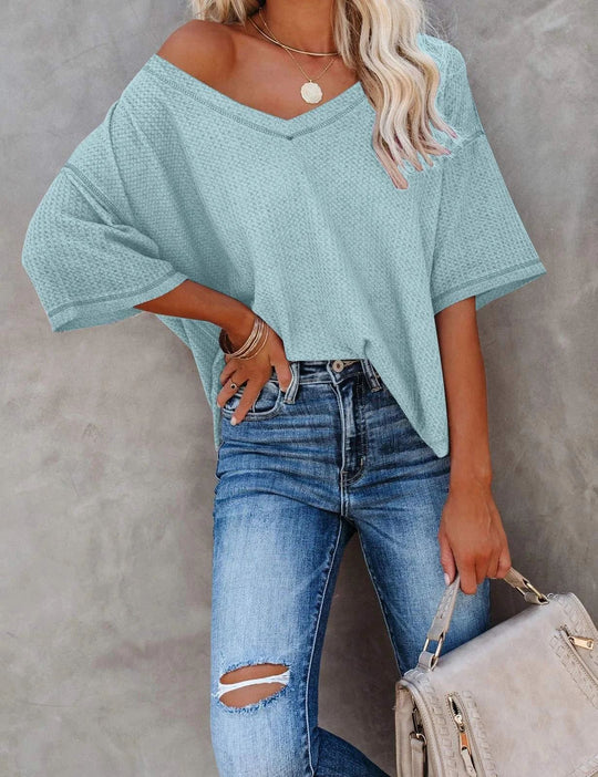 Damen lässiges Oversize-Shirt mit V-Ausschnitt und strukturiertem Muster EB