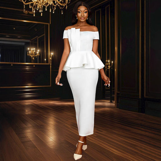 Damen Elegantes Peplum Kleid mit schulterfreiem Oberteil EB