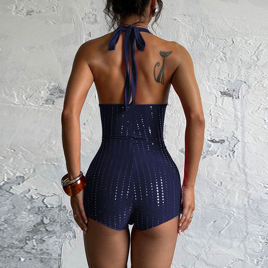 Damen körperbetonter Jumpsuit mit tiefem V-Ausschnitt und schimmernden Akzenten EB