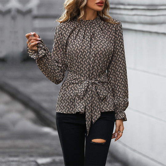 Damen elegante Bluse mit raffiniertem Bindegürtel und langen Ärmeln EB