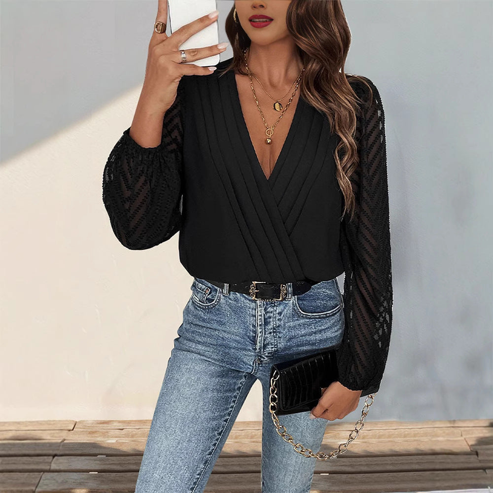 Damen elegantes Body mit voluminösen Ärmel und tiefem V-Ausschnitt EB