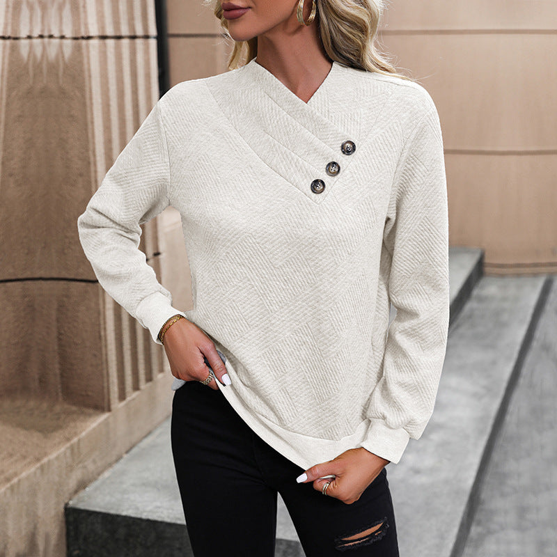 Damen eleganter Pullover mit asymmetrischem Ausschnitt und Knopfdetails EB