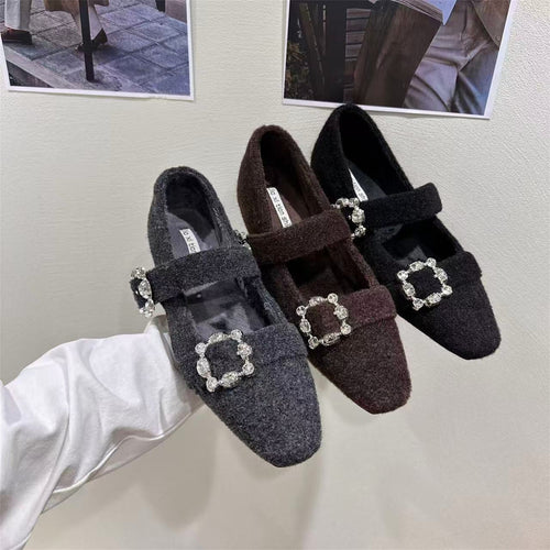 Damen elegante Filz-Mary Jane Schuhe mit schimmernden Schnallen EB