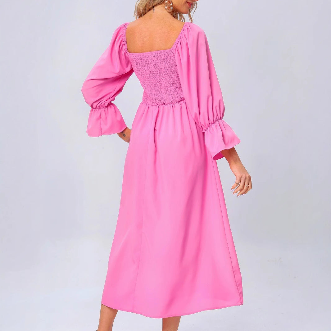 Damen Midikleid mit elastischen Puffärmeln und romantischem Taillenzug EB