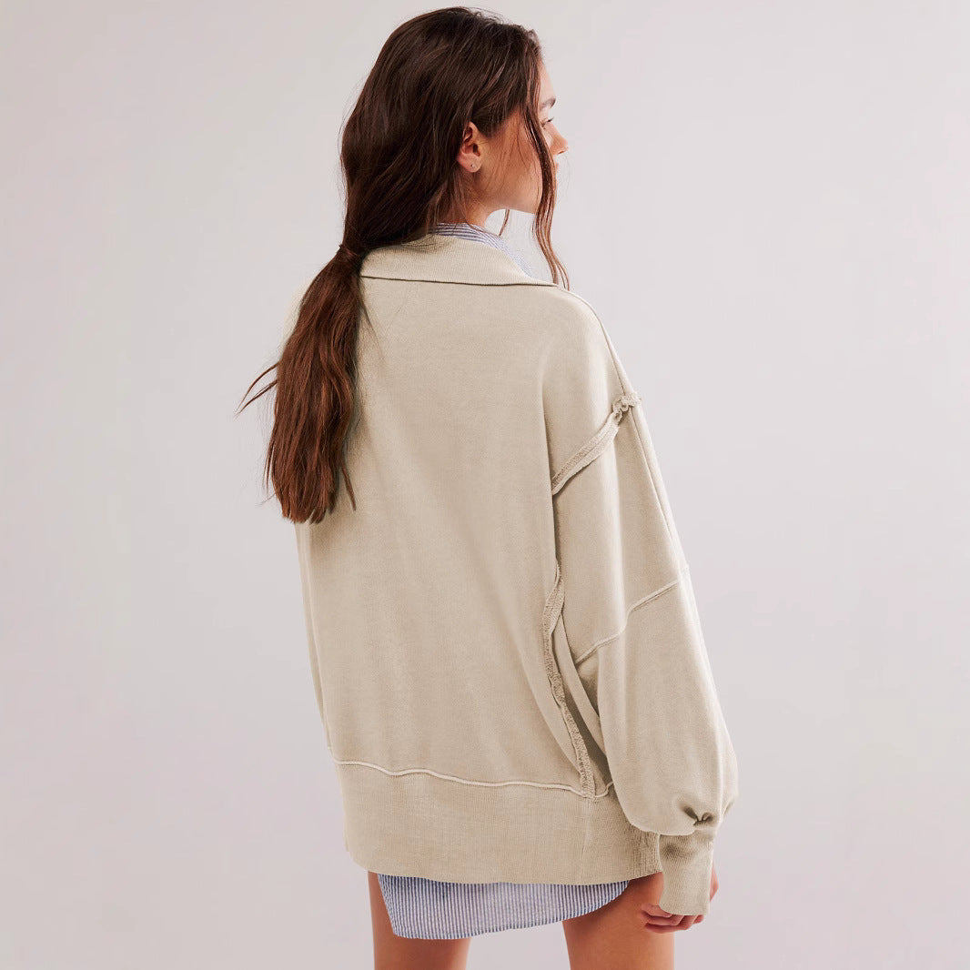 Damen Oversized Sweatshirt mit modischem Kragen und distressed Details EB