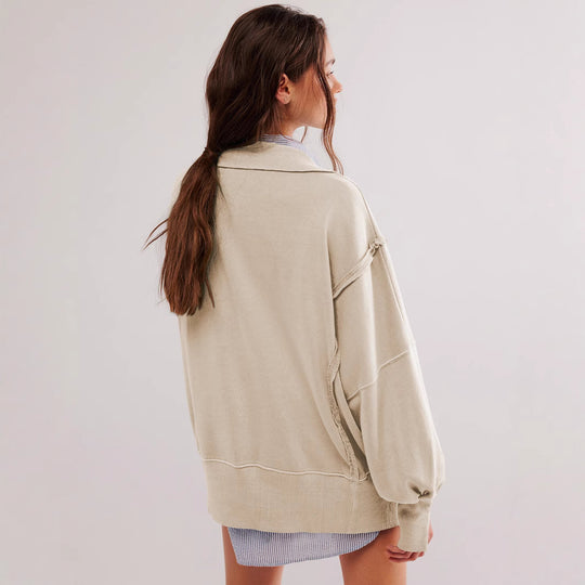 Damen Oversized Sweatshirt mit modischem Kragen und distressed Details EB