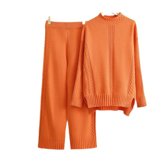 Damen komfortables Strick-Loungewear-Set mit hohen Bündchen und dekorativen Zopfmustern EB