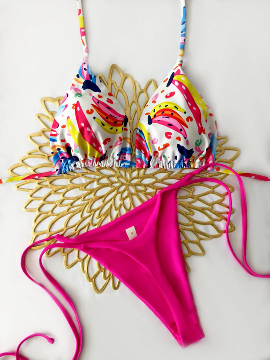Damen Bikini-Set mit buntem Obstmuster und seitlichem Knoten EB