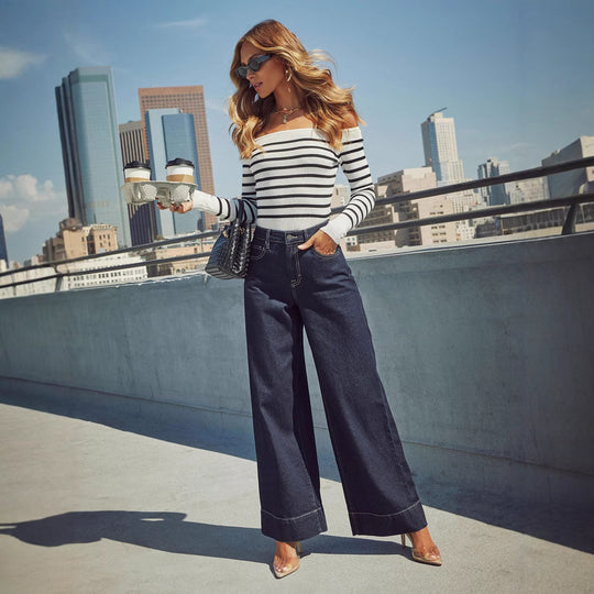 Damen Weit geschnittene Jeanshose mit hohem Bund und eleganter Naht EB