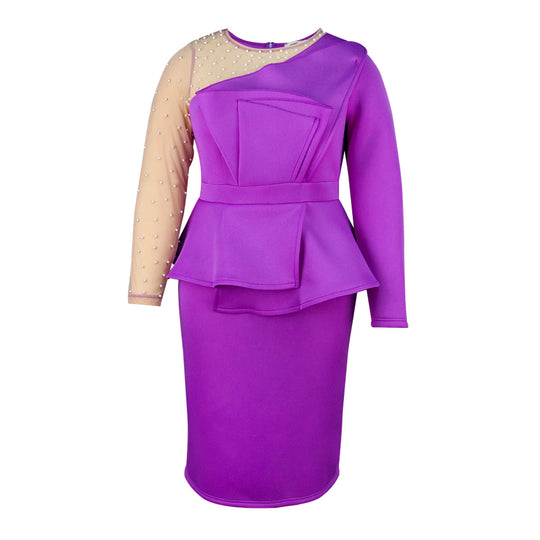 Damen figurbetontes Abendkleid mit transparenten Puffärmeln und voluminösem Oberteil EB