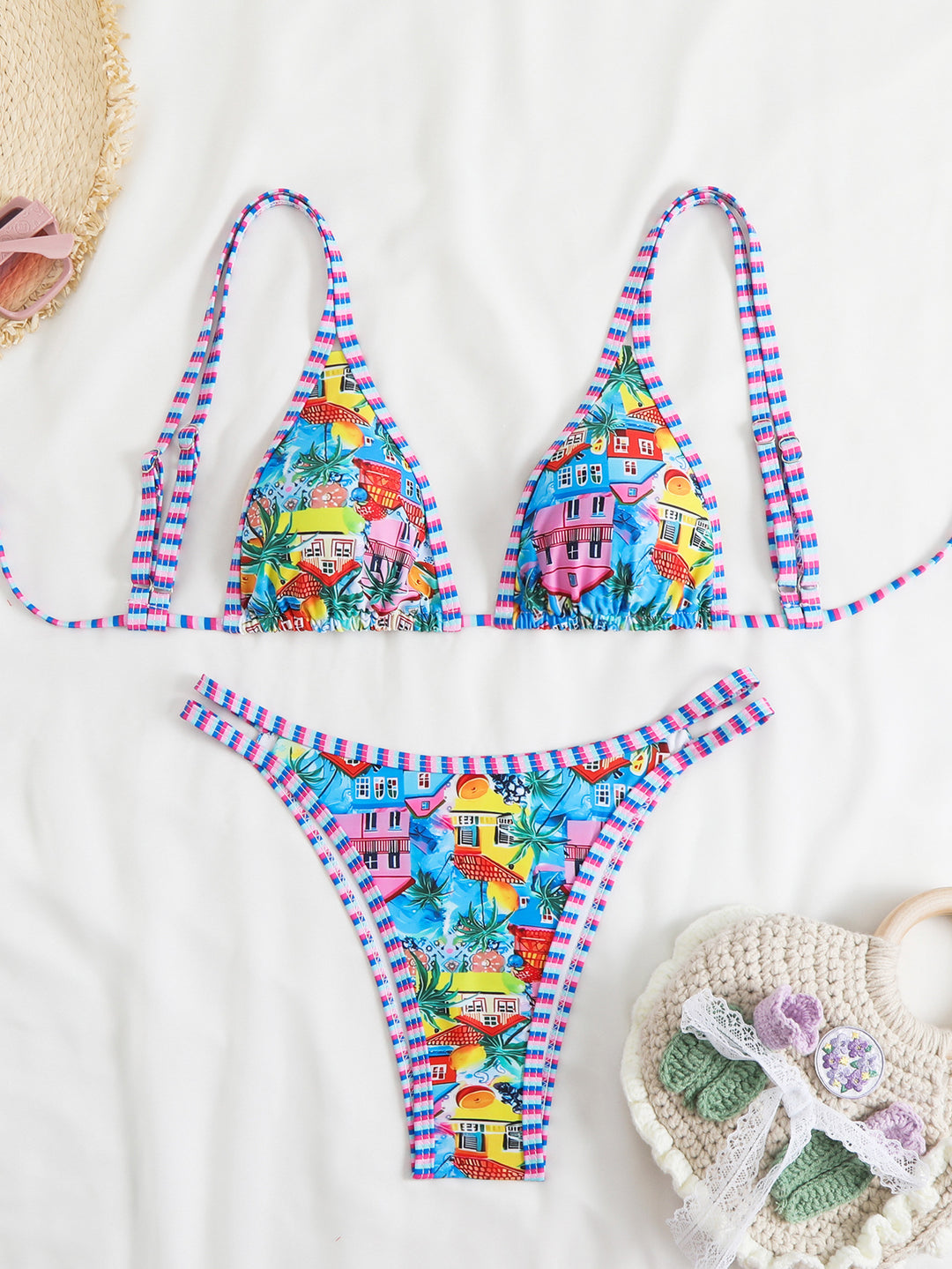 Damen Triangel-Bikini-Set mit lebhaftem Strandmotiv EB