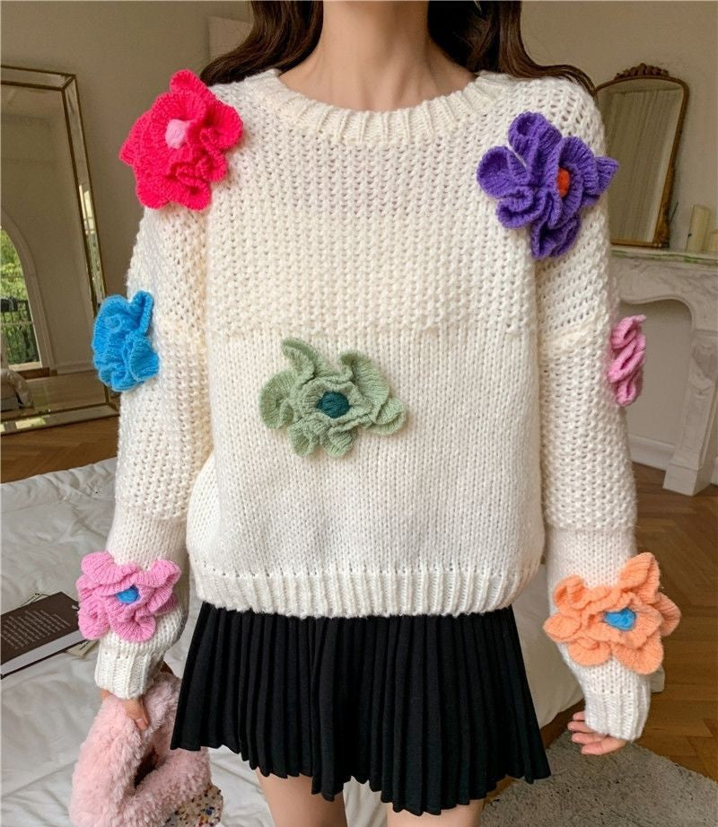 Damen Verspielter Strickpullover mit Blumenapplikationen EB