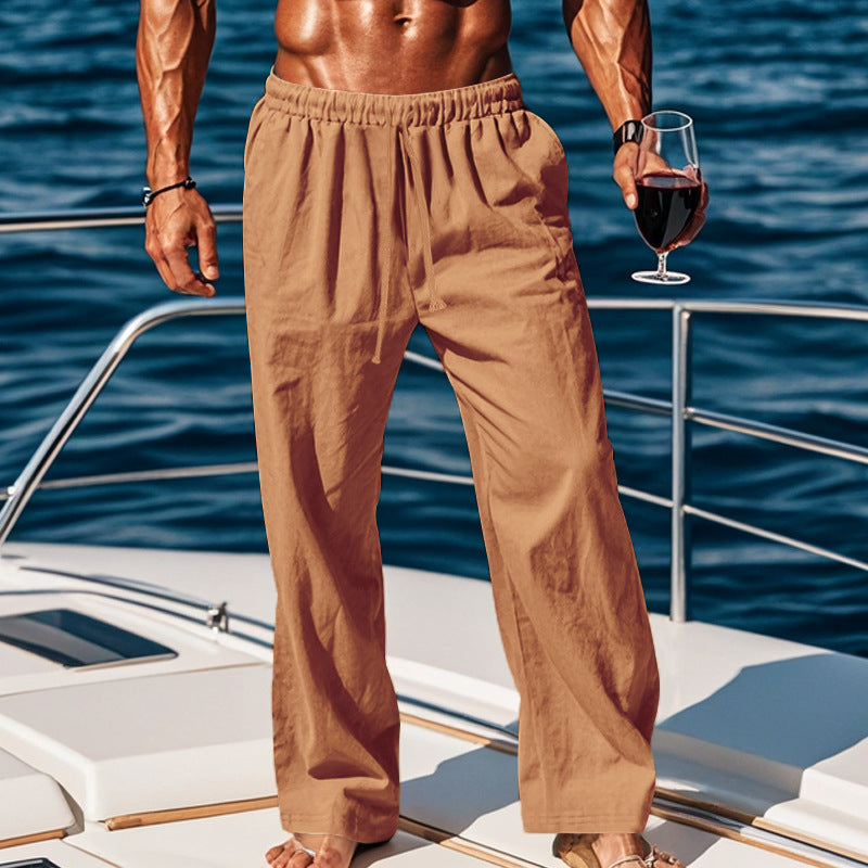 Herren nan weite Leinen-Loungehose mit elastischem Tunnelzugbund, Kordelzug und geradem Bein EB