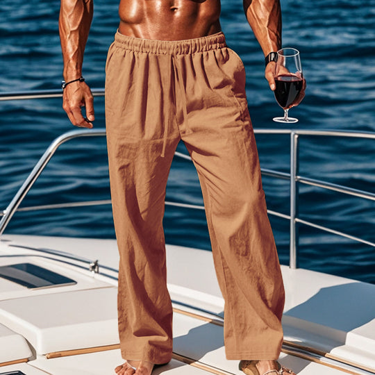 Herren nan weite Leinen-Loungehose mit elastischem Tunnelzugbund, Kordelzug und geradem Bein EB