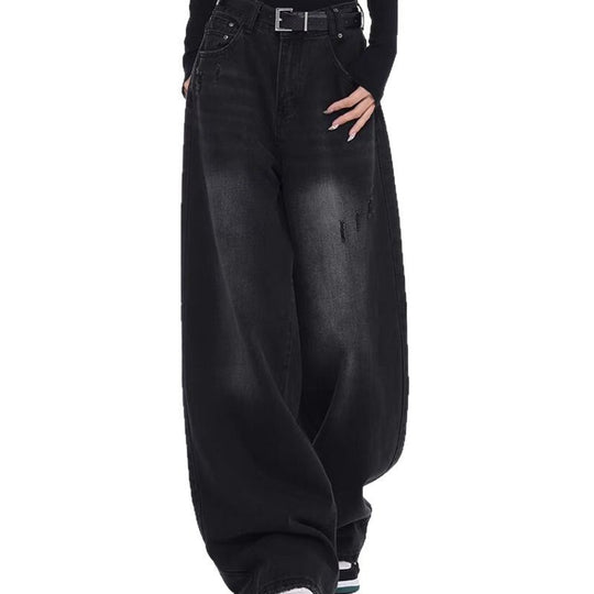 Damen Weite Denim-Hose mit hohem Bund und modischen Rissdetails EB