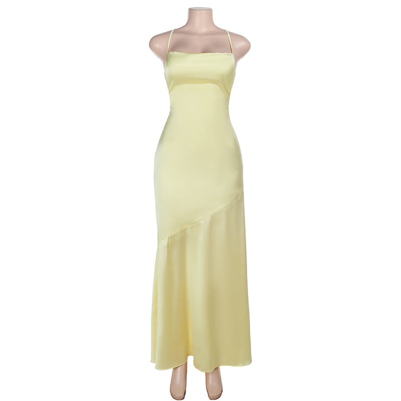 Damen Elegantes Maxikleid aus luxuriösem Satin mit verführerischem V-Ausschnitt EB