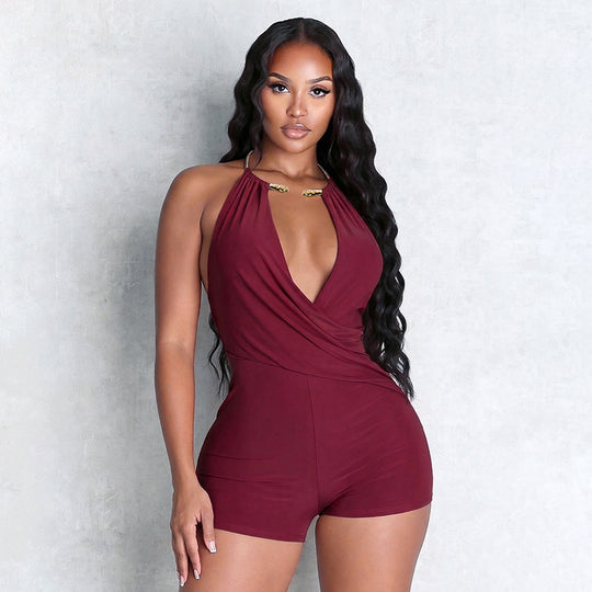 Damen Figurbetonter Playsuit mit tiefem V-Ausschnitt und schwingendem Saum EB