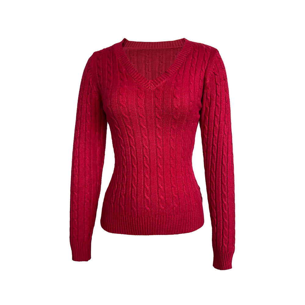 Damen figurbetonter Zopfmuster‑Pullover mit V‑Ausschnitt und taillierender Rippstruktur Eichborn Berlin