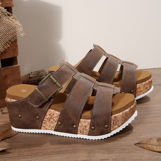 Damen modische Keil-Sandalen mit verstellbaren Riemen und korkähnlicher Sohle EB