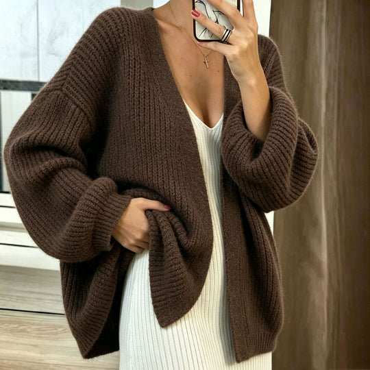 Damen Oversize-Cardigan aus grobem Rippstrick mit Ballonärmeln EB