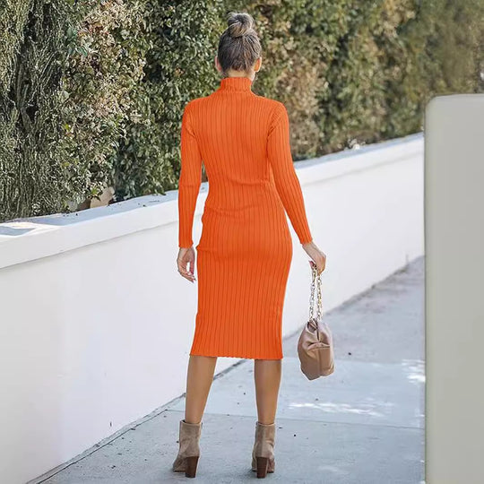Damen Langarm-Rippstrickkleid mit hochgeschlossenem Kragen und figurbetontem Schnitt EB