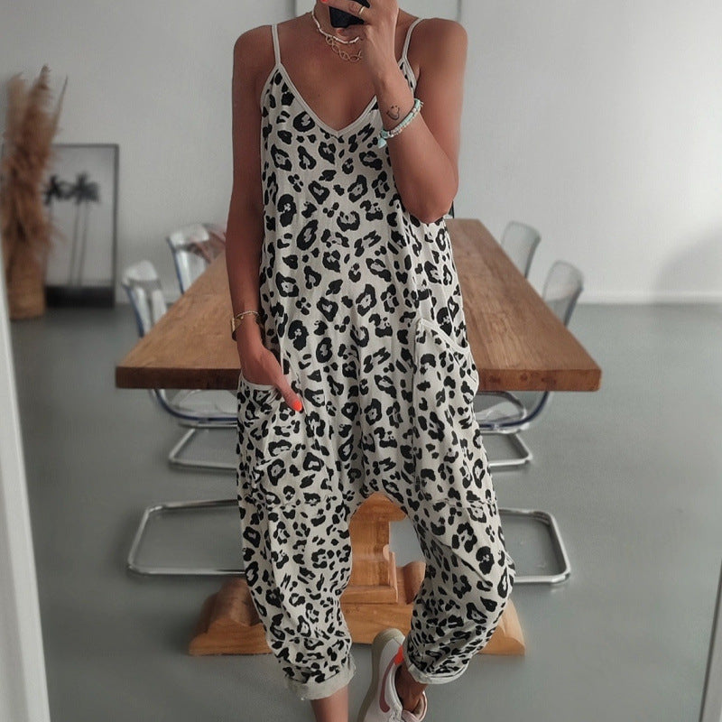Damen lässiger Jumpsuit mit modischem Leopardenmuster und praktischen Taschen EB
