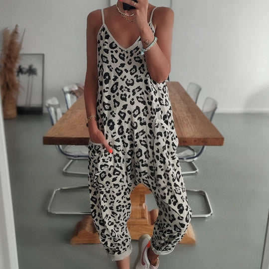 Damen lässiger Jumpsuit mit modischem Leopardenmuster und praktischen Taschen EB