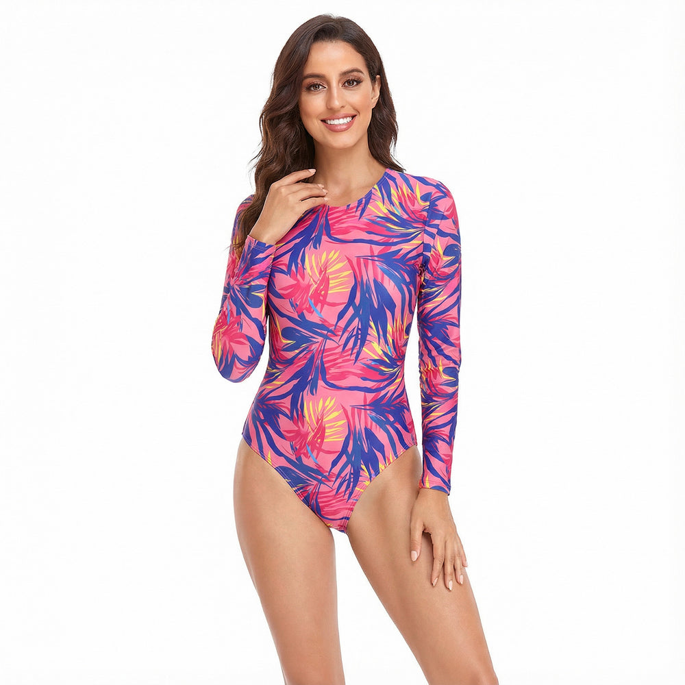Damen Sportlicher Langarm Badeanzug mit tropischem Muster EB