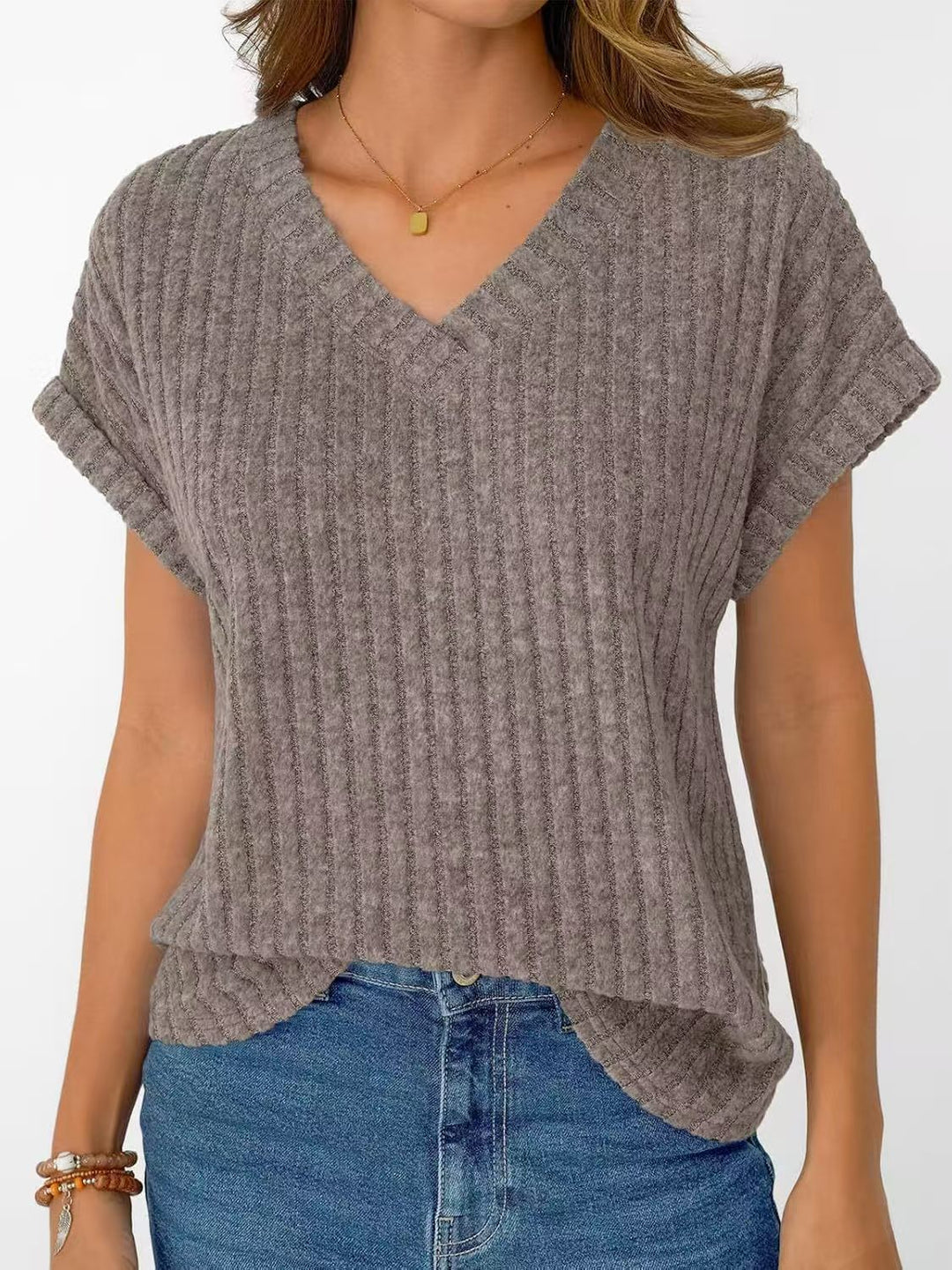 Damen lässiges V-Ausschnitt T-Shirt mit Streifenstruktur EB