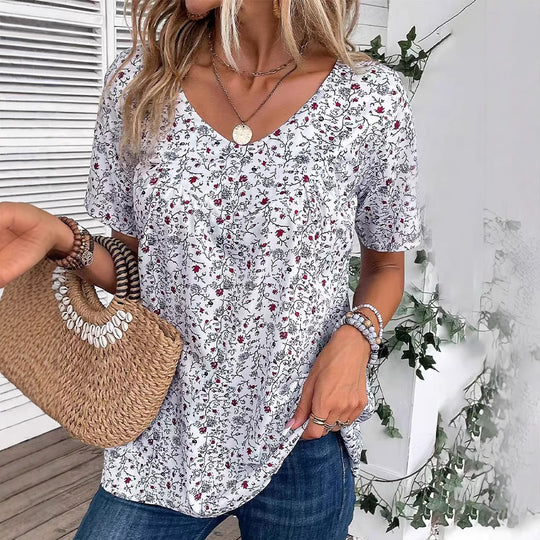 Damen nan lässiges Kurzarm-Tunika-Shirt mit Rundhalsausschnitt, zartem Blumenallover und dekorativen Brustfalten EB