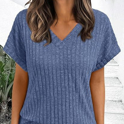 Damen lässiges V-Ausschnitt T-Shirt mit Streifenstruktur EB