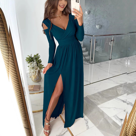 Damen elegantes Wickelkleid mit Cut-Out-Ärmeln und Schlitz EB