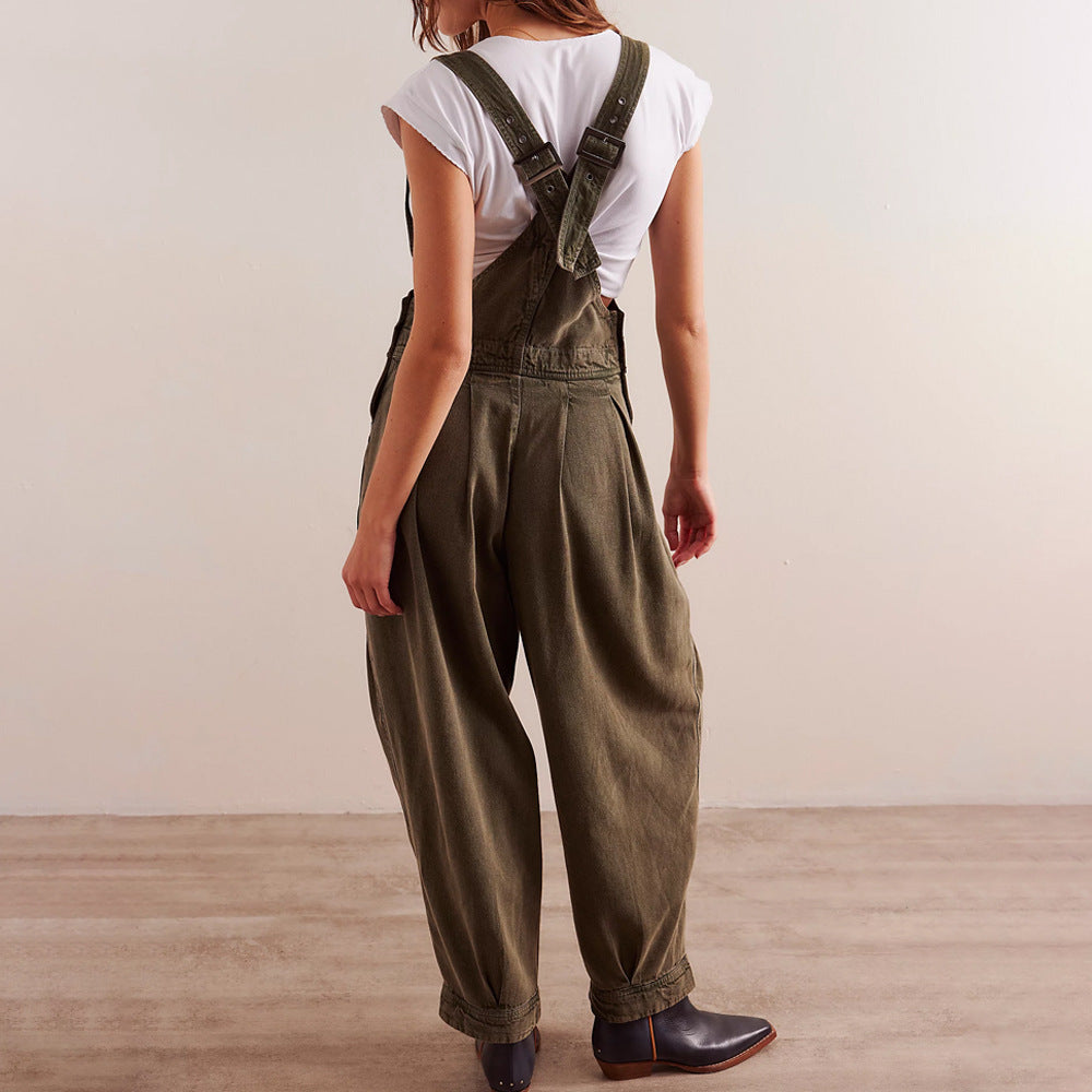 Damen lässiger Denim Overall mit tiefem V-Ausschnitt und praktischen Taschen EB